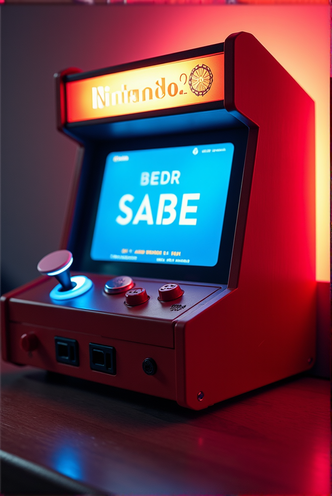 A compact, red retro arcade machine with a joystick and buttons, displaying a blue screen with white text, under a warm ambient light.