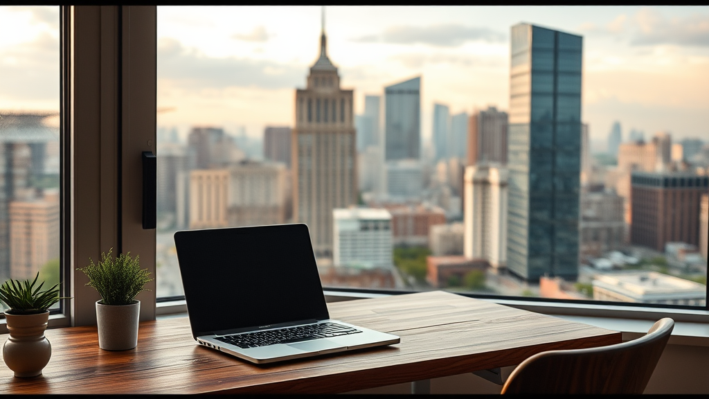 A laptop sits on a wooden desk in front of a large window with a skyline view of tall buildings.