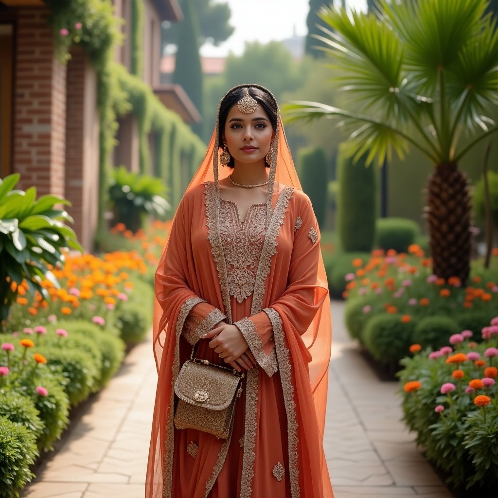 Woman in elegant traditional attire in a vibrant garden. Green plants and flowers surround her. She carries a stylish handbag. The scene evokes a timeless cultural aesthetic.