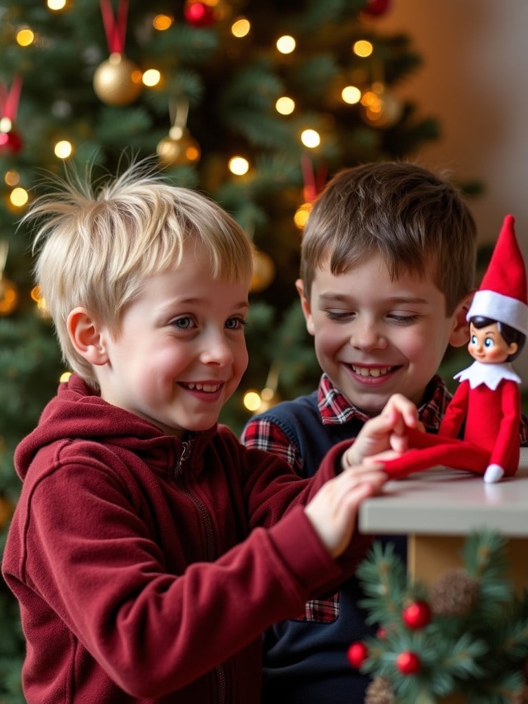 Image features a festive setting with two young boys. One boy is about eight years old with blonde hair and bright blue eyes. The other boy is four years old with brown hair and brown eyes. The children interact with holiday-themed elves on a shelf. Background includes a Christmas tree with lights. Environment is cozy and inviting.