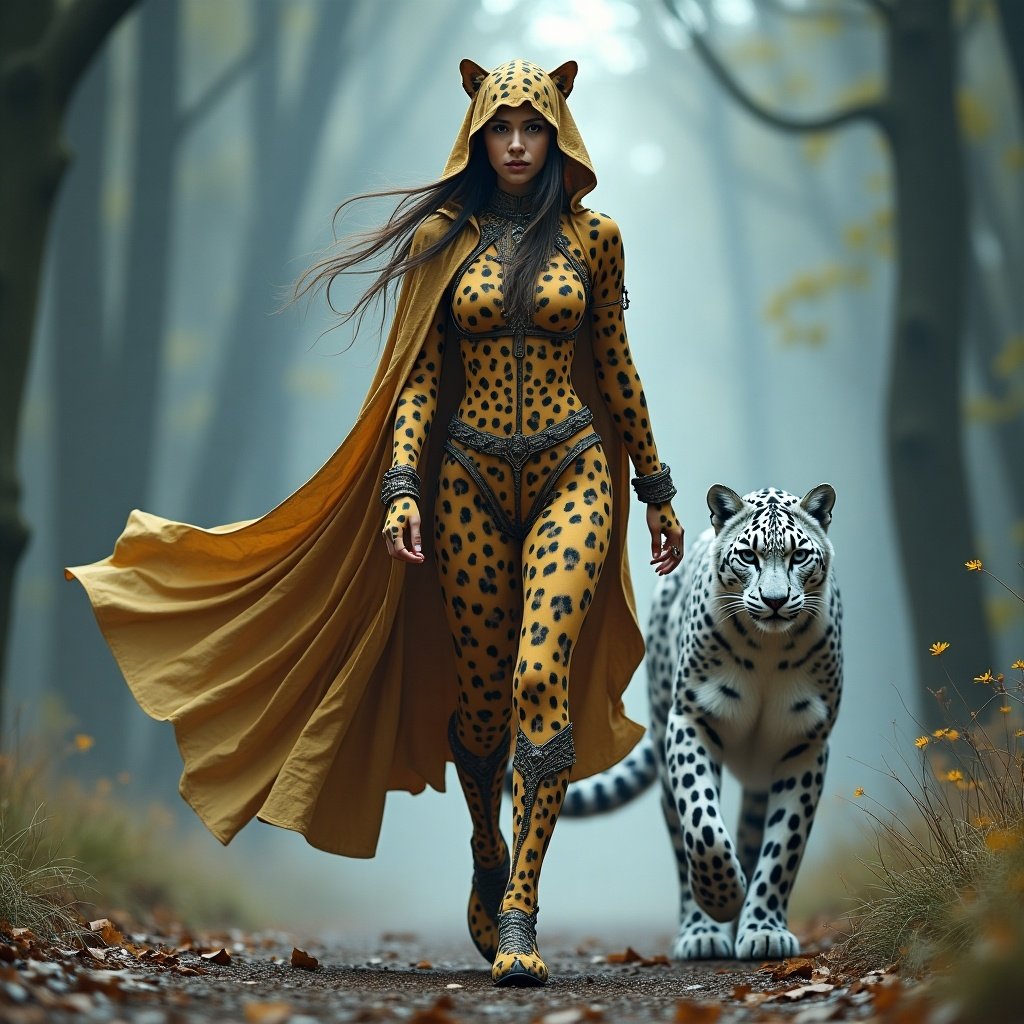 A magical scene features a leopard-human character in a striking outfit with leopard-like patterns. She strides confidently with a flowing cape. Beside her is a majestic snow leopard. The atmosphere is tense as they prepare for a contest against a fierce panther-human.