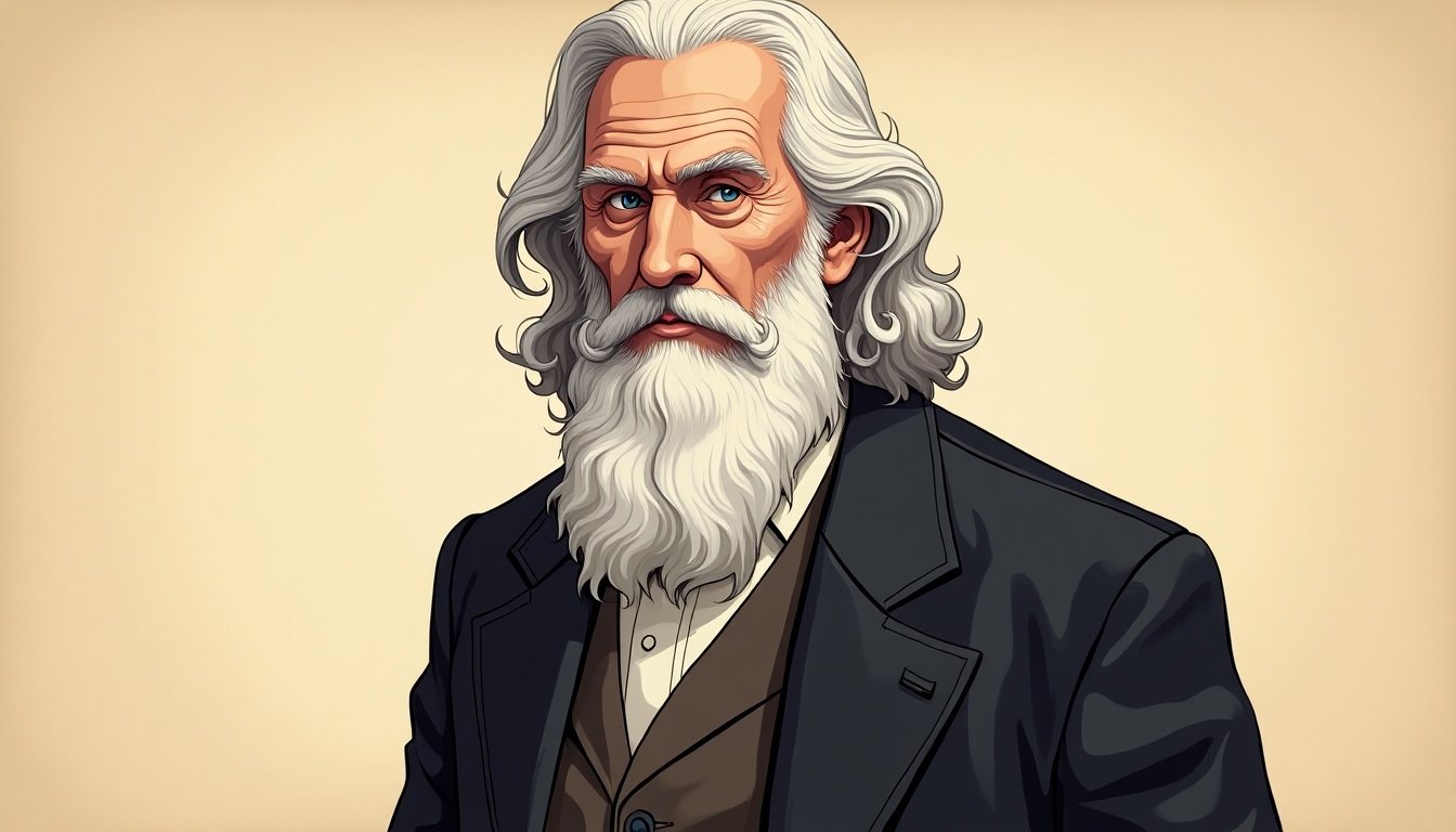 Highly detailed digital illustration. Older wise-looking man. Long white beard and wavy hair. Dark coat and light shirt with a vest. Background is beige texture. Professional and polished appearance. No text or overlays. 16:9 aspect ratio.