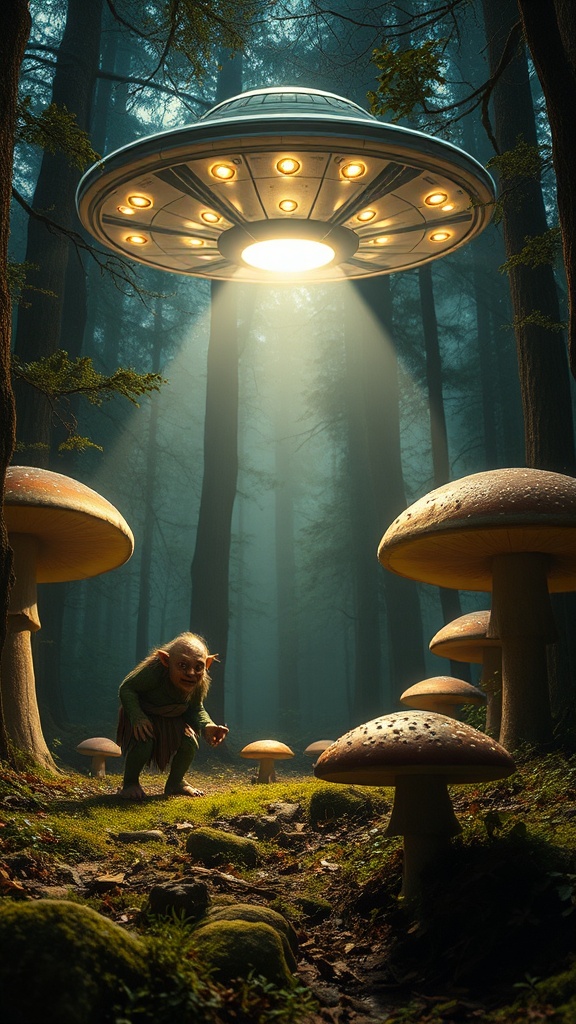 In a misty forest, an alien spacecraft casts a warm glow over a curious creature standing among oversized mushrooms. The scene juxtaposes science fiction with fantasy, creating a sense of mystery and wonder in a secluded woodland setting. The spacecraft's lights add to the ethereal atmosphere, illuminating the forest floor and the inquisitive being observing its majestic presence.