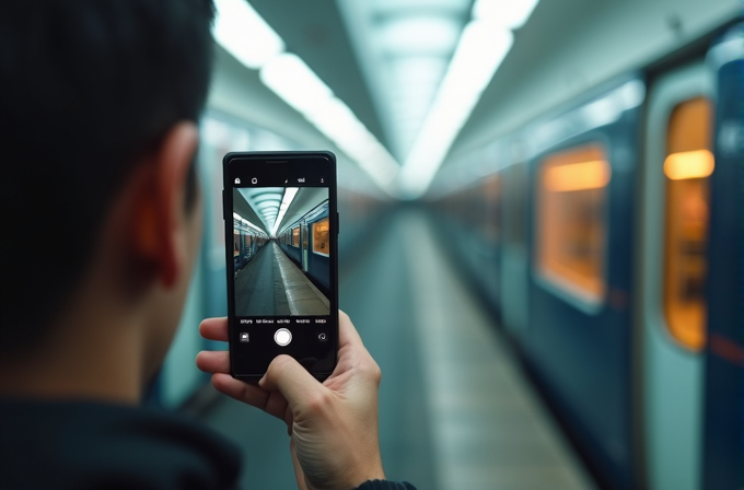 A person taking a photo of an empty, symmetrical subway platform with their smartphone.