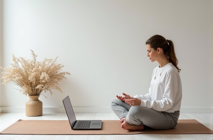 A woman is sitting cross-legged on a yoga mat, meditating in front of a laptop.