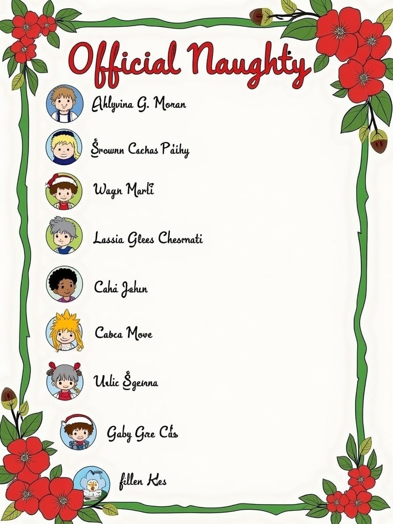 A colorful illustration of an official Naughty list is depicted. The title reads Official Naughty. A character illustration appears beside each name. The background includes decorative flowers. Names on the list are visible.