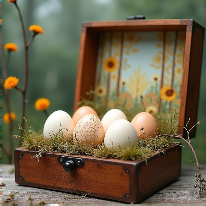 A wooden box lined with moss, containing six eggs, is set against a backdrop adorned with floral patterns and surrounded by yellow flowers.