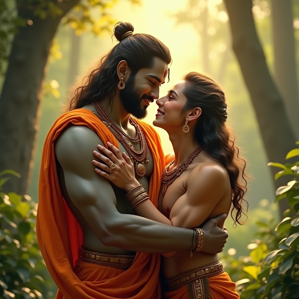 The image depicts a touching moment between Lord Ram and Hanuman in a serene forest setting. Lord Ram is adorned in bright orange and golden attire. He is shown in a warm embrace with Hanuman, who is muscular. The background is filled with lush greenery and soft, golden light that creates an ethereal atmosphere. This portrays the deep friendship and loyalty between them, emphasizing themes of devotion and heroism. Their expressions reflect mutual respect and love.