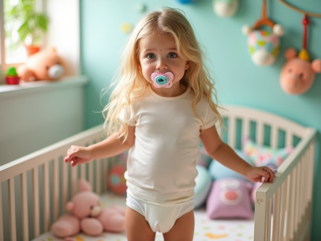 A toddler with long blonde hair in a crib, wearing a white shirt and diaper, with a pacifier, surrounded by baby toys and soft pastel colors, natural light filling the room.