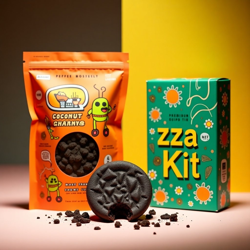 An illustration shows a round cookie with a bite taken out with crumbs. Artistic product images feature a coconut charcoal package and a vibrant green box called 'zza Kit'. Modern designs with premium quality emphasis and whimsical patterns create a cheerful atmosphere.