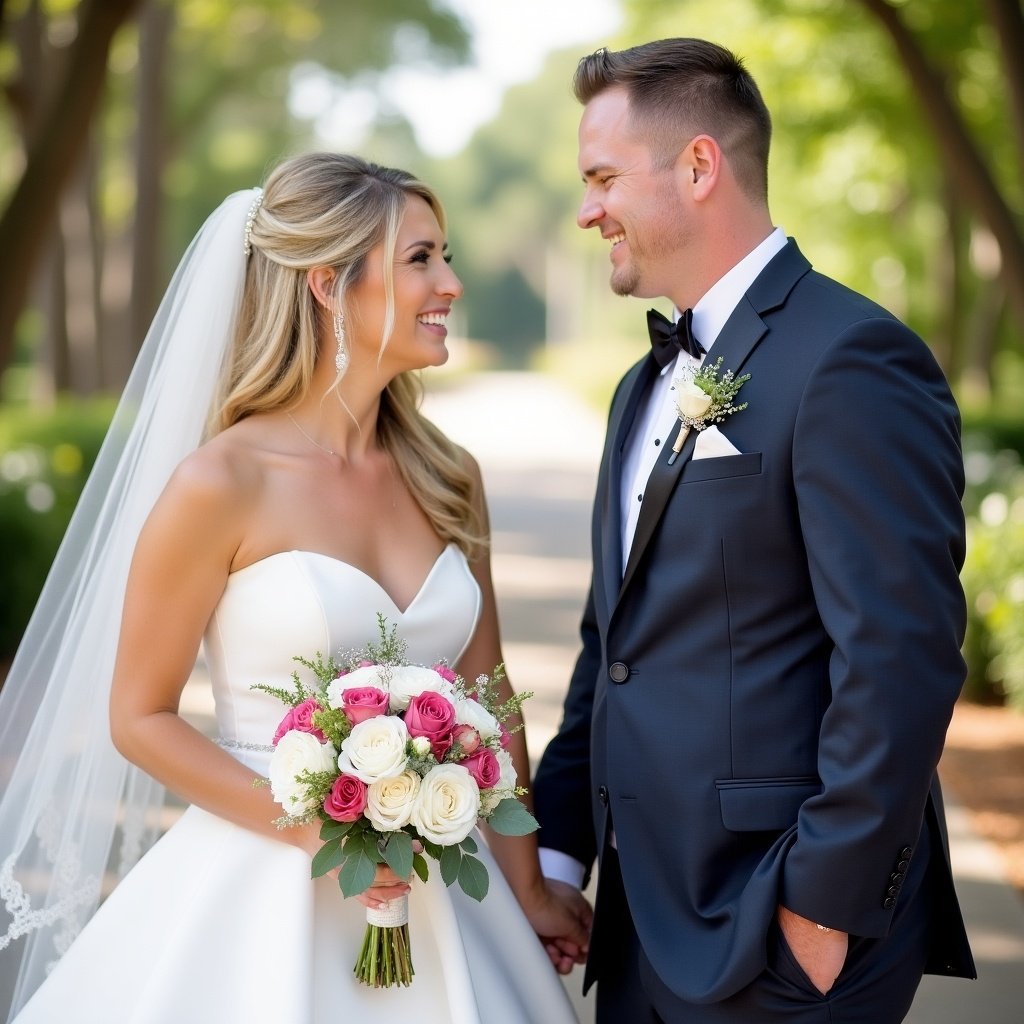 A wedding couple in formal attire stands together in a serene outdoor setting. The bride wears a beautiful white gown and has a bouquet. The groom is in a sleek black tuxedo. The background features greenery and soft lighting.