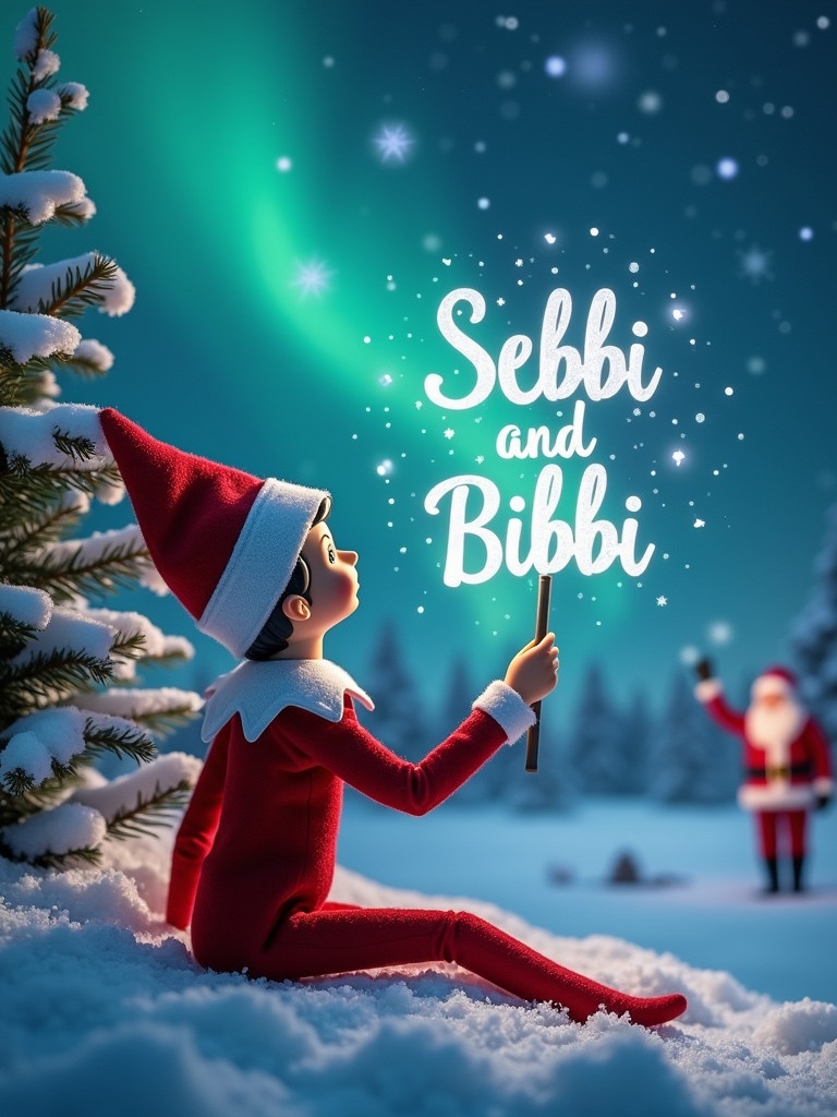 An enchanting Christmas scene features an elf on the shelf. The elf sits back-facing and gazes up. It uses a wand to write the names 'Sebbi' and 'Bibbi' in the night sky. Stunning northern lights adorn the background. Santa Claus appears in the distance. Snow creates a serene winter wonderland. The moment captures holiday joy and wonder.