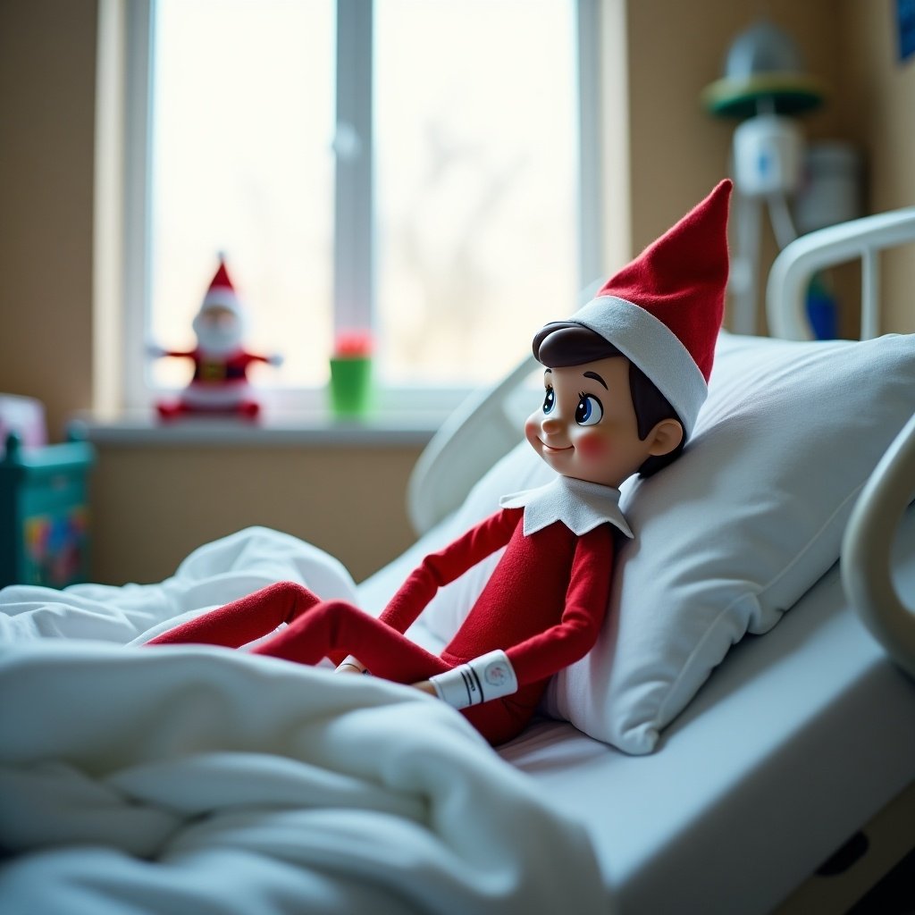 Elf on the Shelf with brown eyes lies in a hospital bed. Legs and arms are wrapped in bandages. A thermometer is in his mouth. The hospital room features medical equipment and Christmas decorations. Soft light filters through the window. A small Santa is visible in the background. The atmosphere is calm in the pediatric ward.