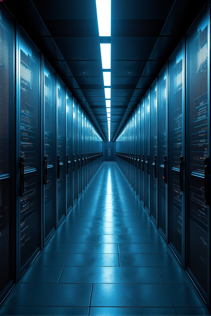 The image shows a futuristic data center hallway with bright blue lights illuminating server racks on both sides.