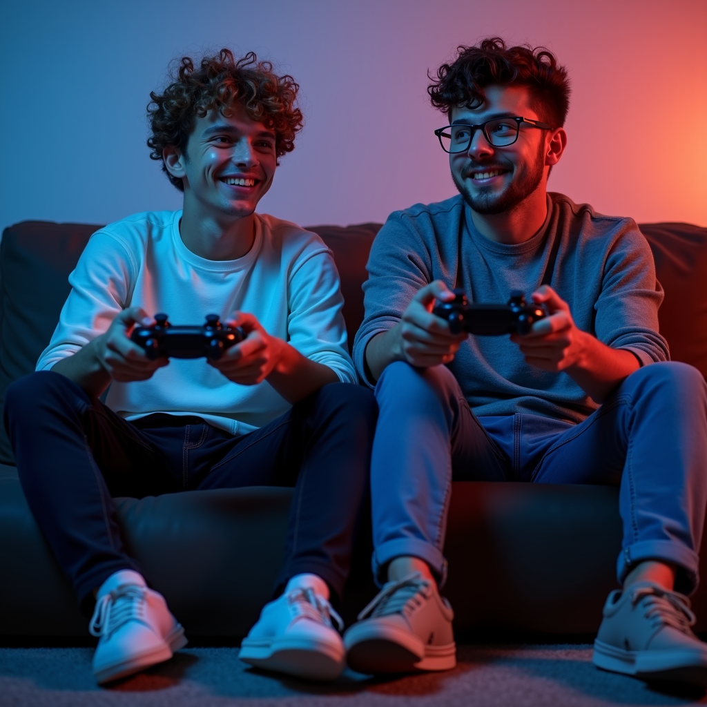 Two young men enjoying video games in a casually lit living room setting.