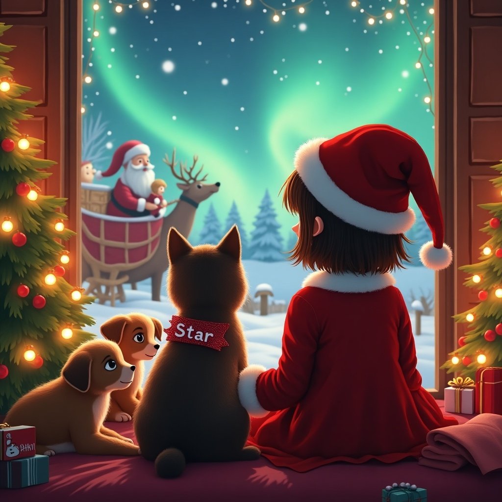 Charming holiday scene featuring a girl dressed in red with a Santa hat. A brindle cat with a name tag sits nearby. Outside, Santa and reindeer create a magical Christmas backdrop. The room is cozy with a decorated tree. Puppies add to the festive feeling. Northern lights illuminate the sky, creating a joyful atmosphere.