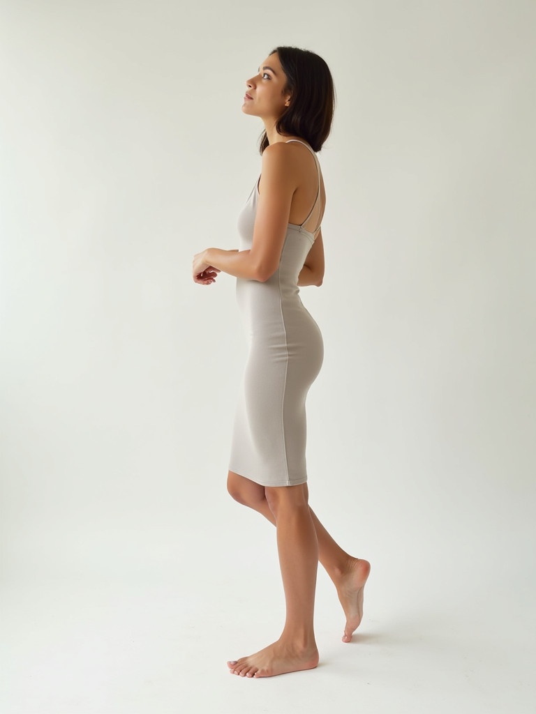 Woman stands gracefully in a minimalist setting wearing a light form-fitting dress. Pose slightly turned to the side showcasing clean lines of the outfit and simplicity of the background. Composition captures serene refined aesthetic emphasizing natural beauty elegance of subject.