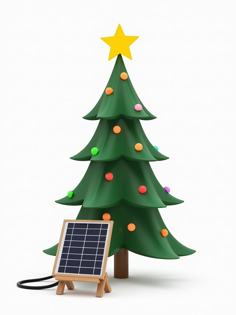 A Christmas tree stands next to a solar panel. The tree is lush and green with a star on top. Multicolored ornaments decorate the branches. The solar panel lies on the ground nearby. White background emphasizes the elements.