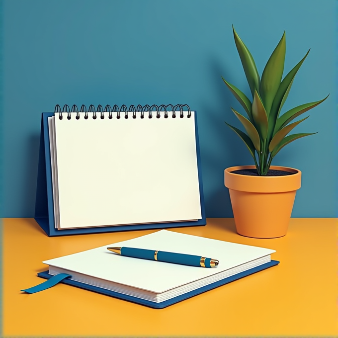 A spiral-bound calendar, a blue-and-gold pen, and a potted plant on a vibrant two-toned desktop.