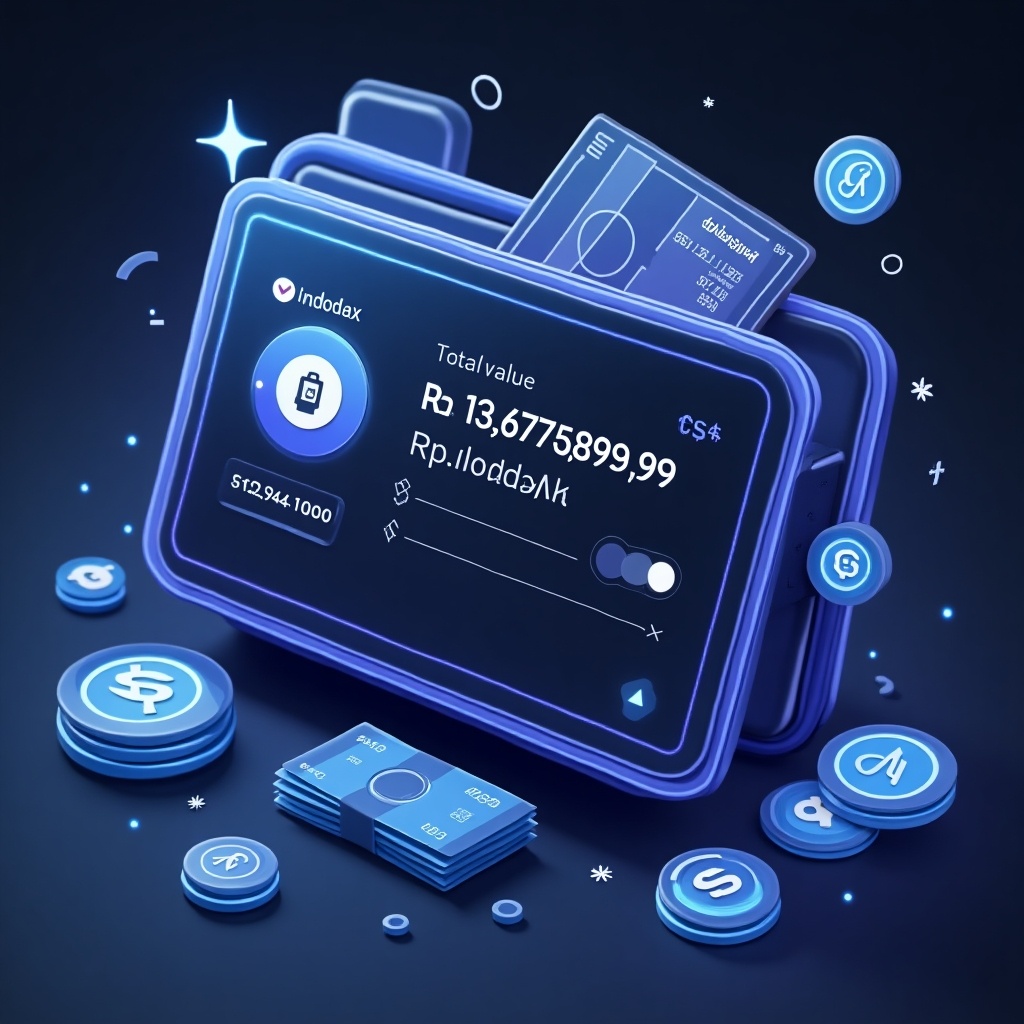 Create a digital representation of an Indodax wallet. Display total asset value of Rp 13,675,889.98 with an emphasis on cryptocurrency features. Include visual elements representing money and finance.