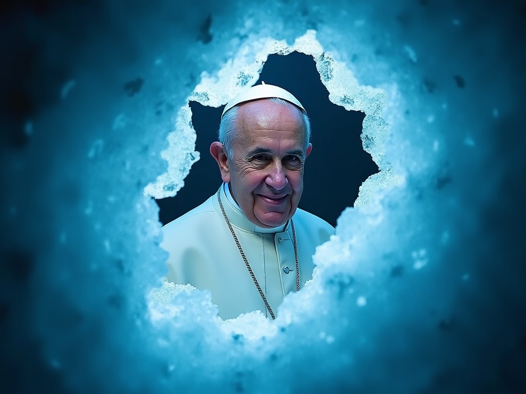 The image showcases Pope Francis framed within a unique ice formation that creates a mesmerizing visual effect. In sharp contrast to the icy surroundings, his warm smile conveys a sense of compassion and openness. The cool blue lighting enhances the ice's texture while highlighting the figure's expressive features. This framing emphasizes themes of solitude and reflection, as if inviting viewers into a profound moment of spiritual contemplation. The scene evokes feelings of serenity and invites discussions about faith's intersection with nature.