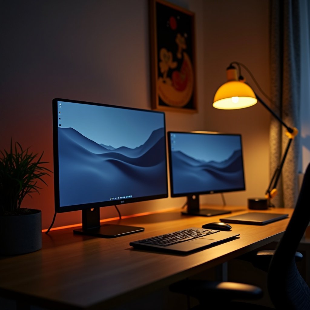 Modern home office setup features three computer screens at night with yellow lamps. Desk includes an open laptop and a small potted plant. Stylish lamp casts a soft glow creating a warm atmosphere. Background is softly blurred.