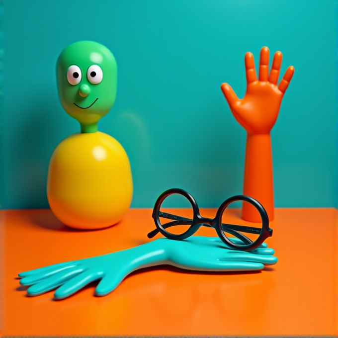 A colorful composition features a green and yellow smiling figure, an orange mannequin hand, a turquoise hand, and black round spectacles on vibrant orange and teal surfaces.