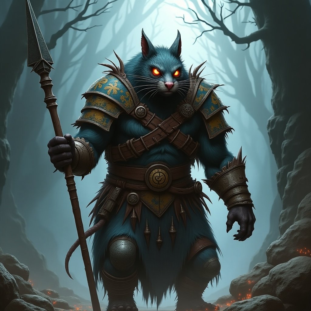 Full-body depiction of a skaven spearsman. Equipped with a spear and armor, standing in a dark forest. The setting includes foreboding trees and mist. The character has red glowing eyes and a fierce expression. Dominant blue color in the character's fur, detailed armor with a fantasy design.