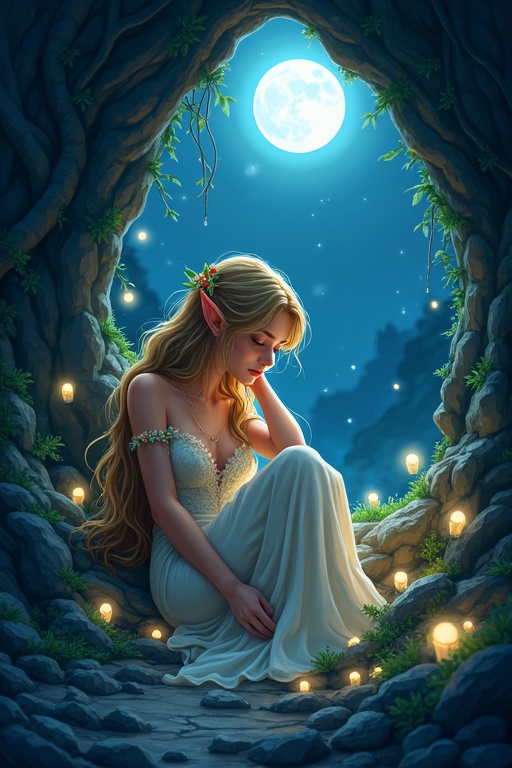 Cartoon of a pretty elf in a grotto at night with a moonlit background