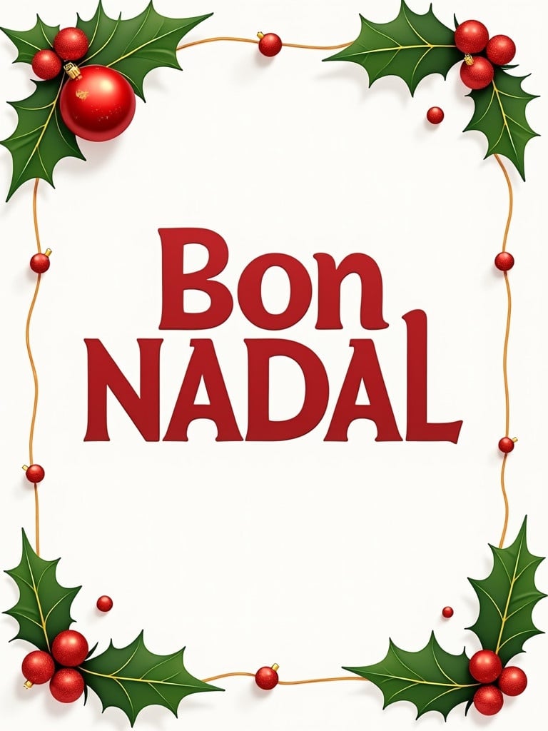 Design a Christmas greeting card. Strong typography with 'Bon Nadal'. Use holly leaves and red ornaments for decoration. Create a bright and festive atmosphere. A cheerful and warm design conveys holiday spirit.