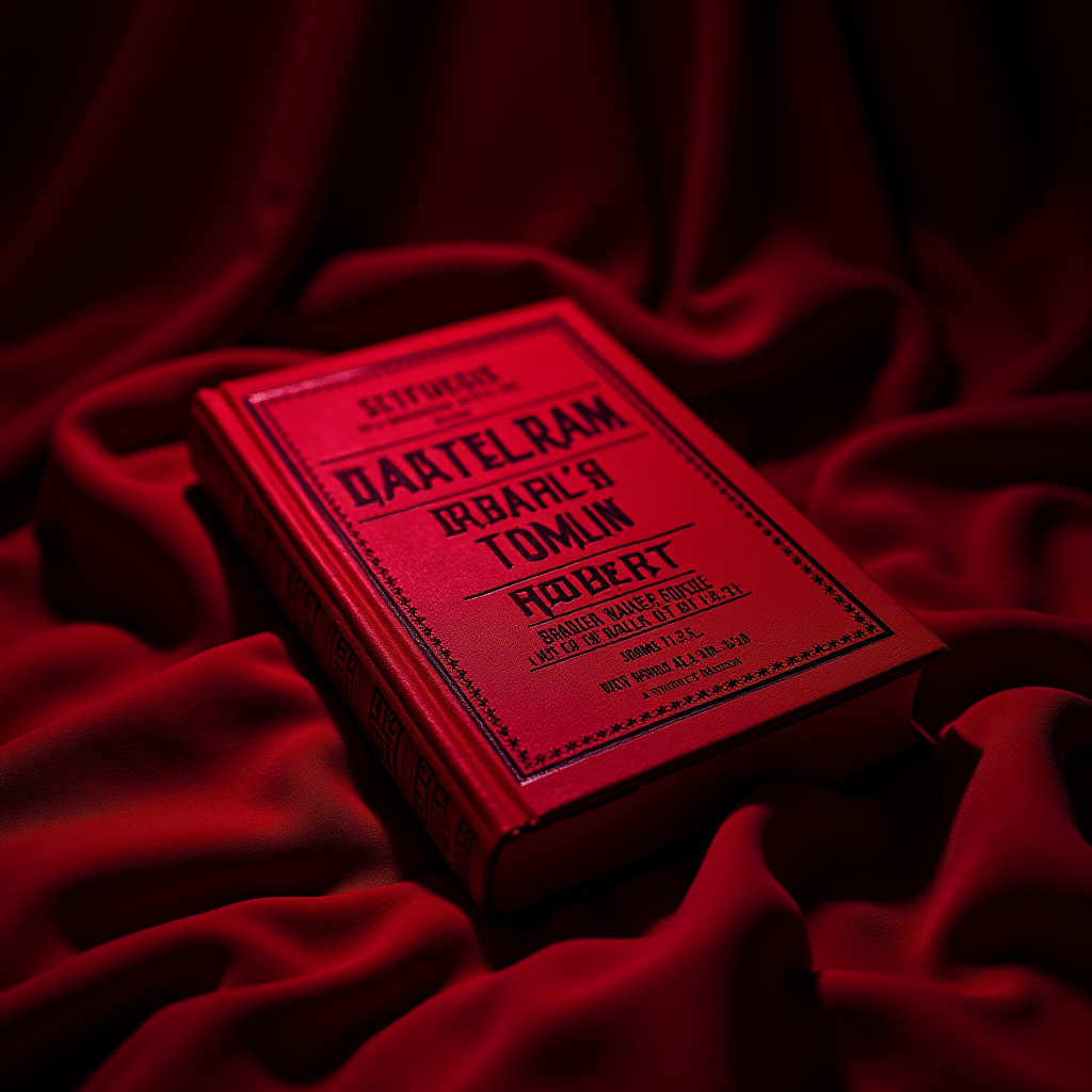 A striking red book on a matching cloth background, evoking a sense of intrigue and depth.