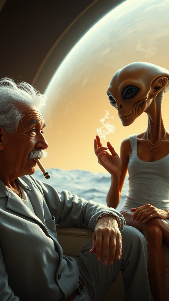 The image depicts a surreal scene where a human, seemingly an older gentleman with distinctive hair, is in a casual conversation with a humanoid alien. They are seated in a relaxed manner, both holding cigars, as they appear to be engaged in friendly dialogue. The background features a view of a distant celestial body through a large window, suggesting a spaceship or futuristic setting.