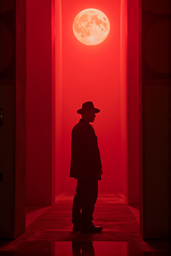 A silhouetted figure in a hat stands in an intense red-lit corridor, with a large glowing full moon overhead.