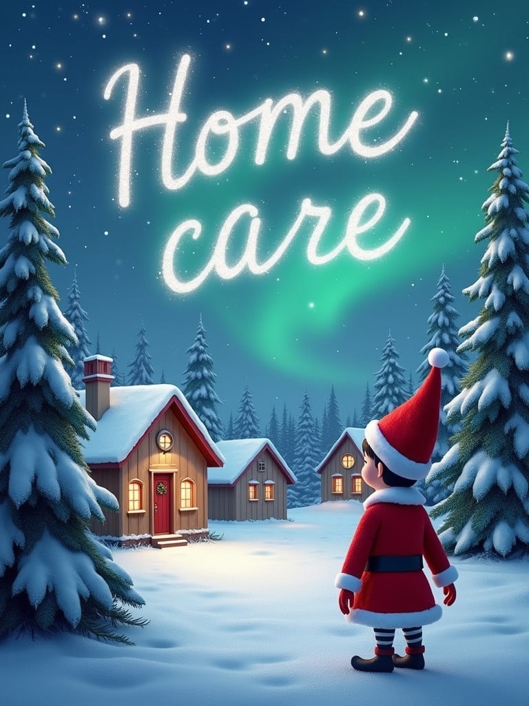 Snowy landscape with houses and trees. An elf in Santa attire watches sparkling text in the sky. The scene represents Christmas magic.