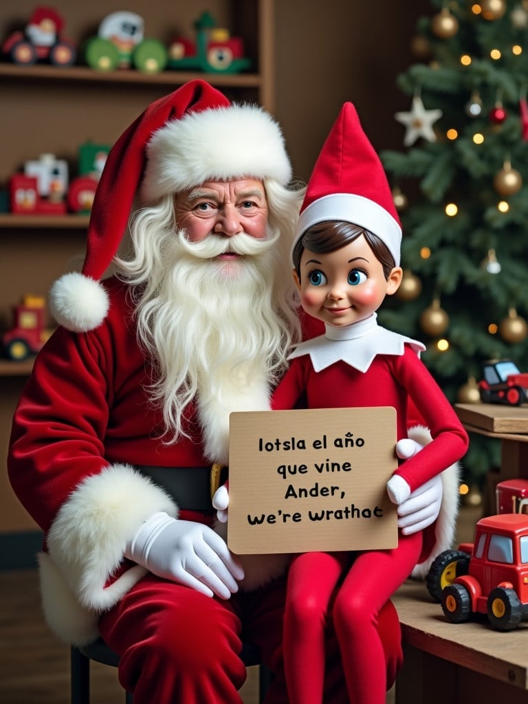 Santa Claus with a cheerful expression in a festive workshop. An elf dressed in red with white trim sits next to Santa. The elf holds a sign in Spanish and English. Background features a Christmas tree and colorful toy decorations. Toy cars and tractors are strewn about, creating a joyful holiday scene.