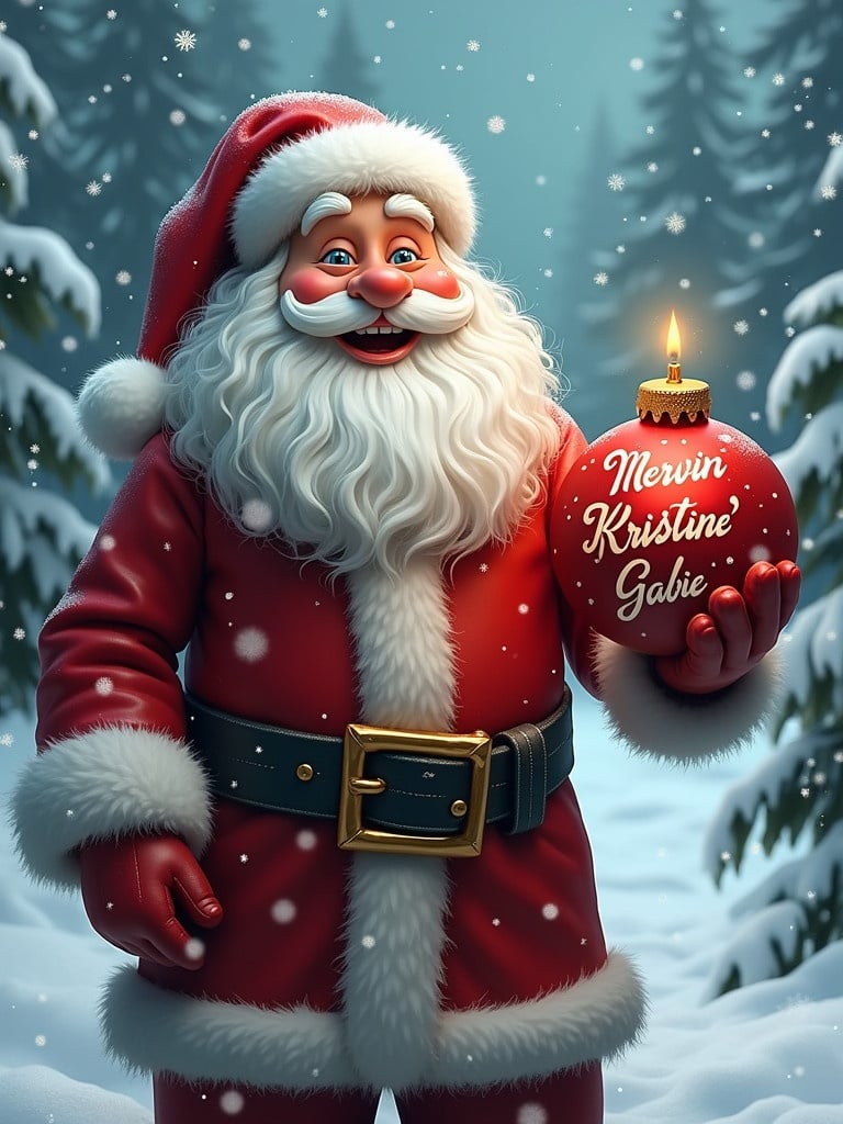 Christmas scene featuring Santa Claus standing in a winter landscape. He holds a red bauble with names inscribed on it. Snow is falling around him creating a magical atmosphere.