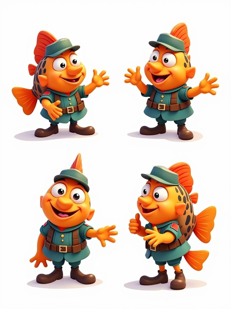 Different angles of a cartoon army fish in uniform. Looking dopey and colorful.