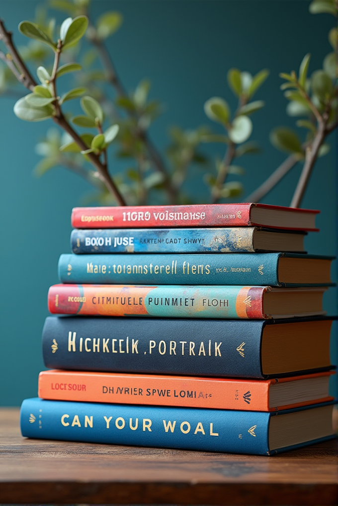 A stack of colorful books is placed on a wooden table next to a green plant.