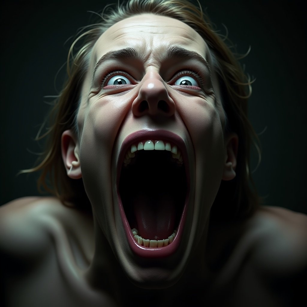 The image captures an exaggerated face filled with fear, showcasing a person screaming in horror. The close-up perspective allows for a detailed view of the facial features, emphasizing the wide-open mouth and terrified eyes. The dramatic lighting creates deep shadows, enhancing the sense of dread. Dark colors dominate the palette, contributing to an eerie atmosphere. This artwork could be used for horror-themed promotions or artistic expressions focusing on fear.