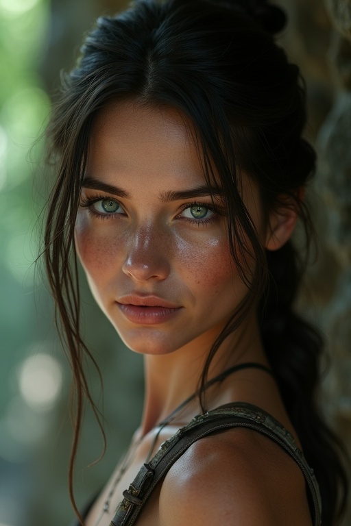 Portrait of a hyperrealistic character inspired by a well-known action-adventure game. Features a woman with dark hair and bright blue eyes in an ambient ruin setting. Showcases intricate details in her face and skin textures with a full body view and dynamic composition.