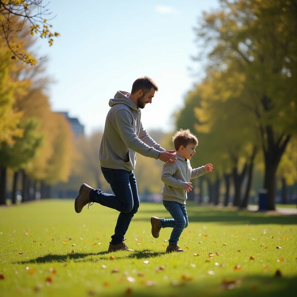 A father holding his son while running in a park on a sunny day. Both display joy and playfulness. Background features trees with autumn foliage and a well-maintained grassy area.