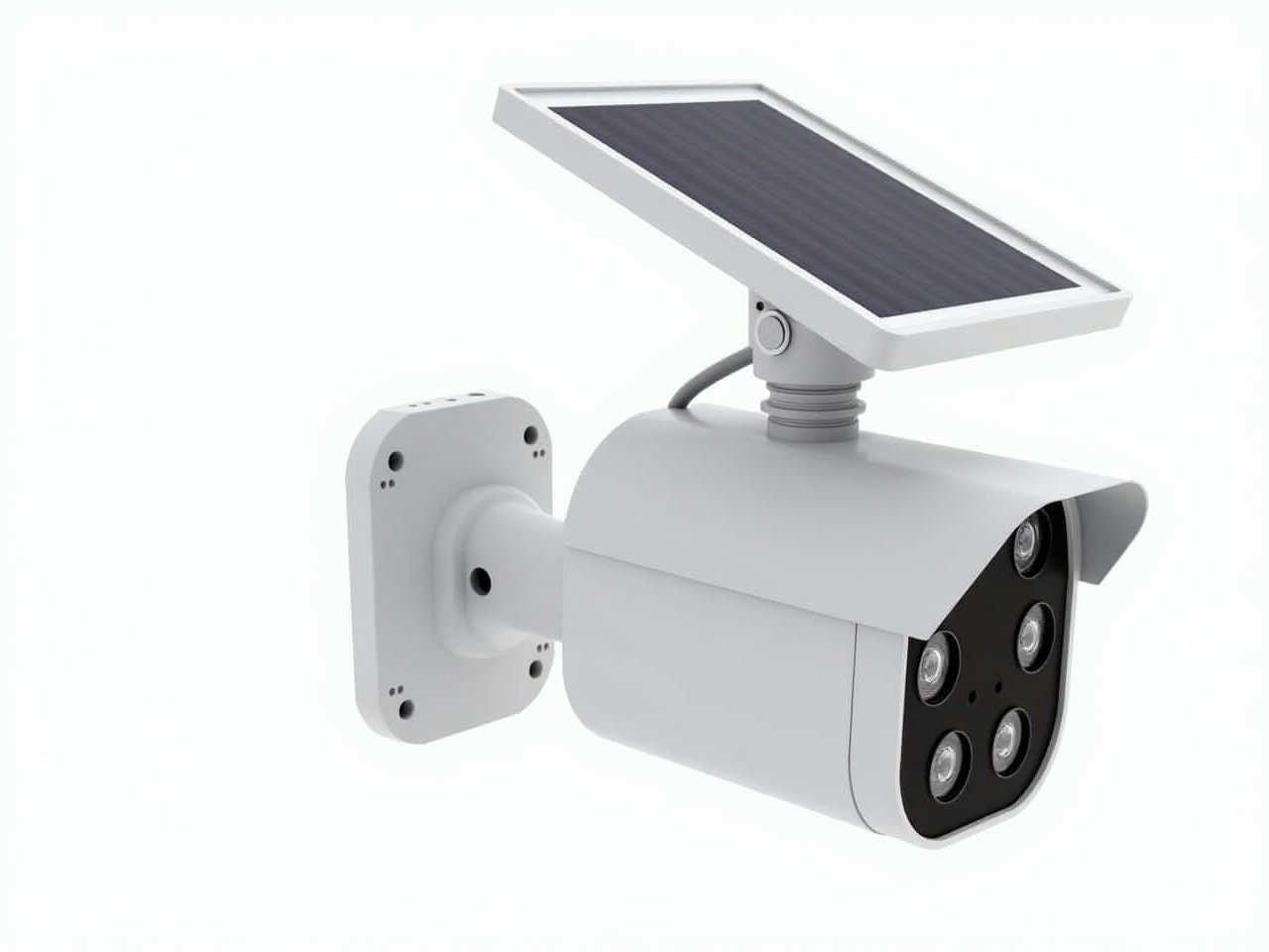 The image shows a modern solar-powered security camera. It features a sleek design with a white body and a distinctive black front. The camera is equipped with multiple lenses, indicating it may have advanced capabilities such as thermal imaging or night vision. Above the camera, there is a solar panel that allows for wireless operation without external power sources. The mount on the side suggests it can be easily installed on various surfaces.