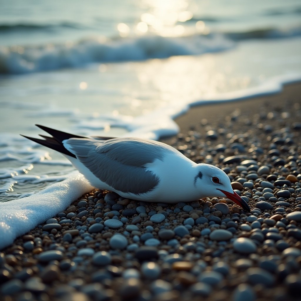 Professional realistic reportage photography of a seabird corpse on a pebble beach. Bird washed by tide with dramatic light. Serious undertones related to bird flu issue.