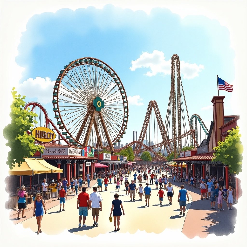 Watercolor depiction of a lively theme park. Features a prominent Ferris wheel beside towering roller coasters. Crowds stroll through a vibrant atmosphere filled with various attractions.