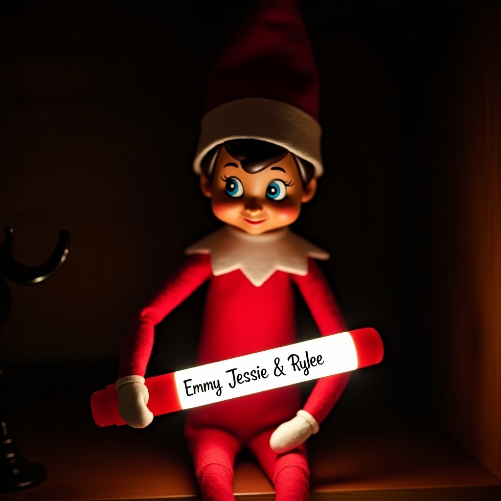 This image features an elf on the shelf character dressed in traditional red and white attire. The elf is holding a glow stick that has the names 'Emmy Jessie & Rylee' illuminated in soft light. The background is dark, enhancing the glow of the stick and creating a cozy atmosphere. This scene captures the magic of the holiday season in a delightful way. The elf adds a playful touch, inviting joy into the festive environment. It's a charming depiction of holiday spirit and personalization.