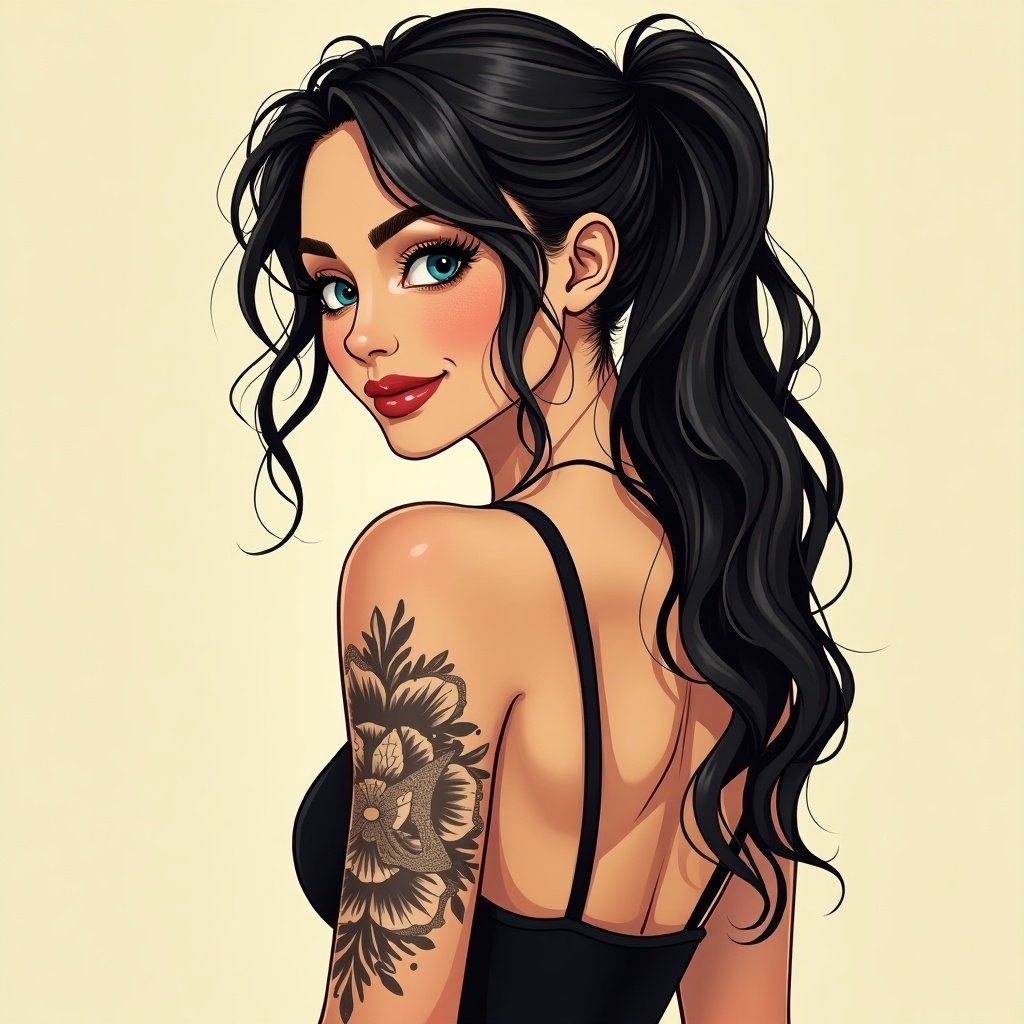 Illustration of a smiling woman with a tattoo looking back. Detailed digital art. Simple composition with a focus on the tattoo and the woman's expression.