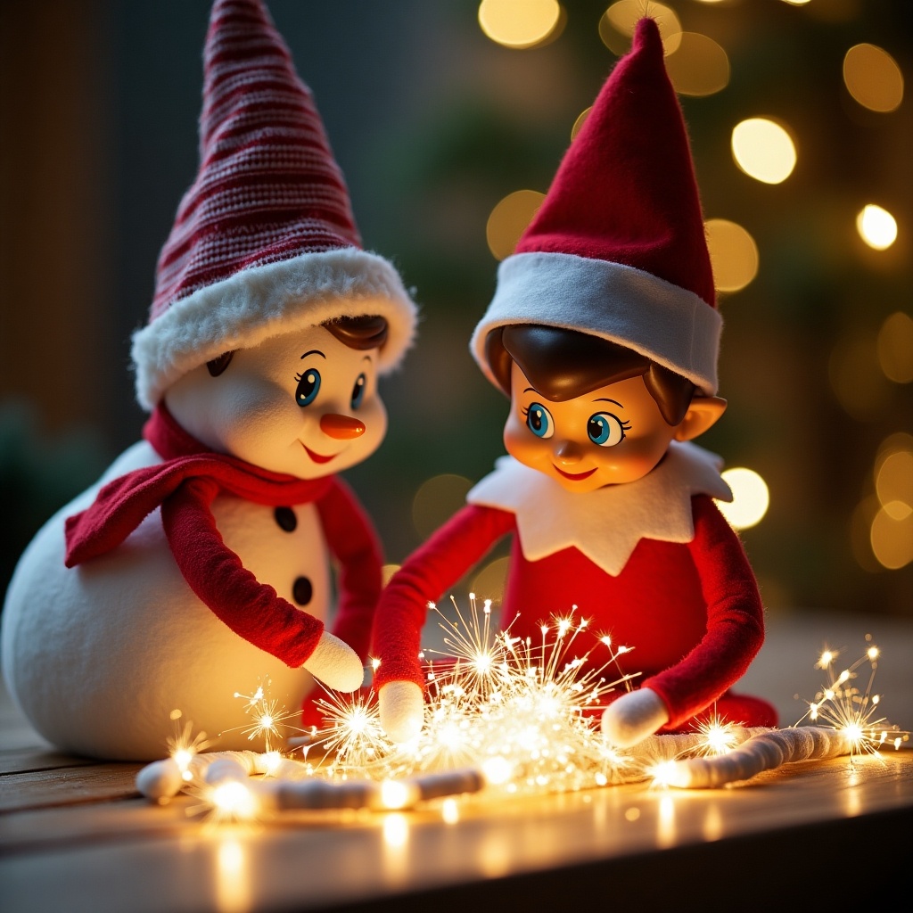 A cheerful elf on the shelf and a cute snowman are playing together during the Christmas season. They are sitting on a wooden table, surrounded by twinkling lights. The elf is wearing a classic red and white outfit, while the snowman has a friendly smile and a red scarf. Both characters are intently focusing on a set of sparkles that they are arranging to spell the name 'Harper'. It’s a warm, inviting scene that captures the holiday spirit.