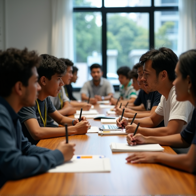 Two groups of young people are engaged in a discussion around a long wooden table, each with notebooks and pens, in a brightly lit room with a large window.