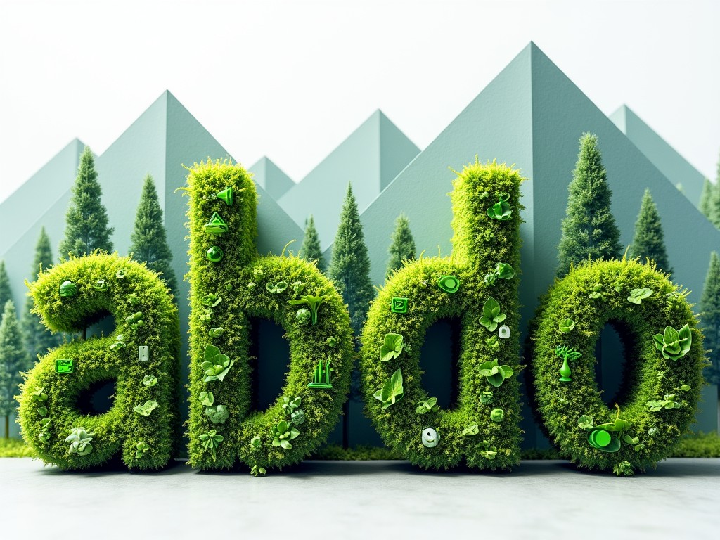 The image features the word 'abdo' artistically crafted using lush green foliage. The letters are composed of vibrant, dense moss and adorned with small green elements like leaves and eco-friendly icons, reflecting a theme of nature and sustainability. In the background are geometric, mountain-like shapes and rows of evergreen trees, enhancing the natural and serene feel of the composition.