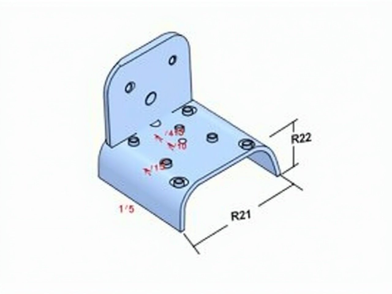 This image shows a technical drawing of a mechanical part designed in 3D. The component appears to be a bracket with multiple connection points and curved sections. Key dimensions are marked, indicating various radii and diameters, such as R24, R22, and several holes of different sizes. The illustration also specifies the distance between features and the overall length and height of the part. The visual style is clean, with a light blue color and clear annotations, typical for engineering schematics.